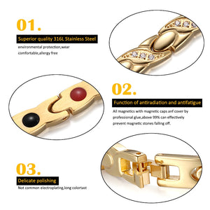 RainSo Stainless Steel Magnetic Women Bracelets Fashion Therapy Jewelry Gold Link Chain with Bio Elements Charm Bracelet Gift