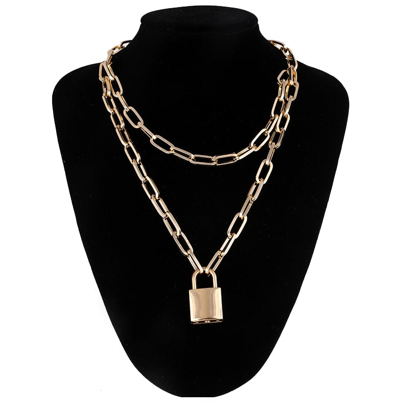 Double layer Lock Chain necklace grunge punk 90s link chain silver color padlock pendant necklace women aesthetic egirl jewelry