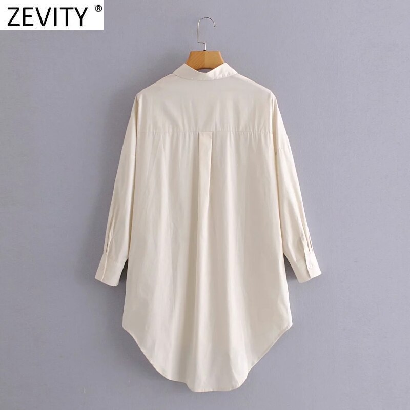 Zevity New Women Simply Pocket Patch Casual Long Blouse Ladies Long Sleeve Business Shirt Chic Femme Breasted Blusas Tops LS7346