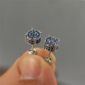 Female Luxury Austria Crystal Screw Back Stud Earrings For Women White/Blue/Purple Round Zircon Hip Hop Earrings Wedding Jewelry