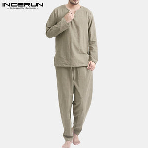 INCERUN Vintage Men Sets Homewear V Neck Long Sleeve Tops & Pants Streetwear Chinese Style Cotton Loose Men Suit Casual 2 Pieces