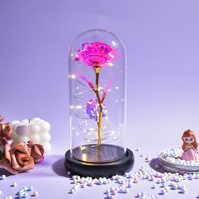 Christmas Gift Beauty and The Beast Preserved Roses In Glass Galaxy Rose Flower LED Light Artificial Flower Gift for Women Girls
