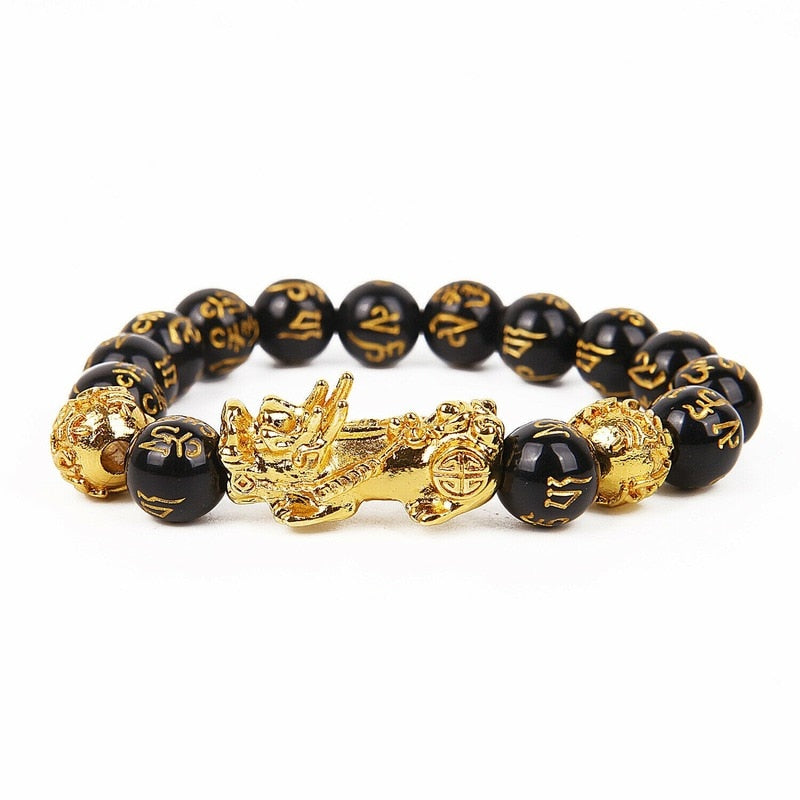 Feng Shui Black Beads Alloy Wealth Bracelet Unisex Wristband Gold Black Pixiu Wealth and Good Luck Women Men Bracelet