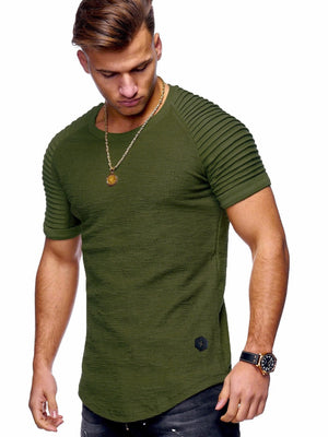 Hot 2020 Solid Color Sleeve Pleated Patch Detail Long Sleeve T-Shirt Men Spring Casual Tops Pullovers Fashion Slim Basic Tops
