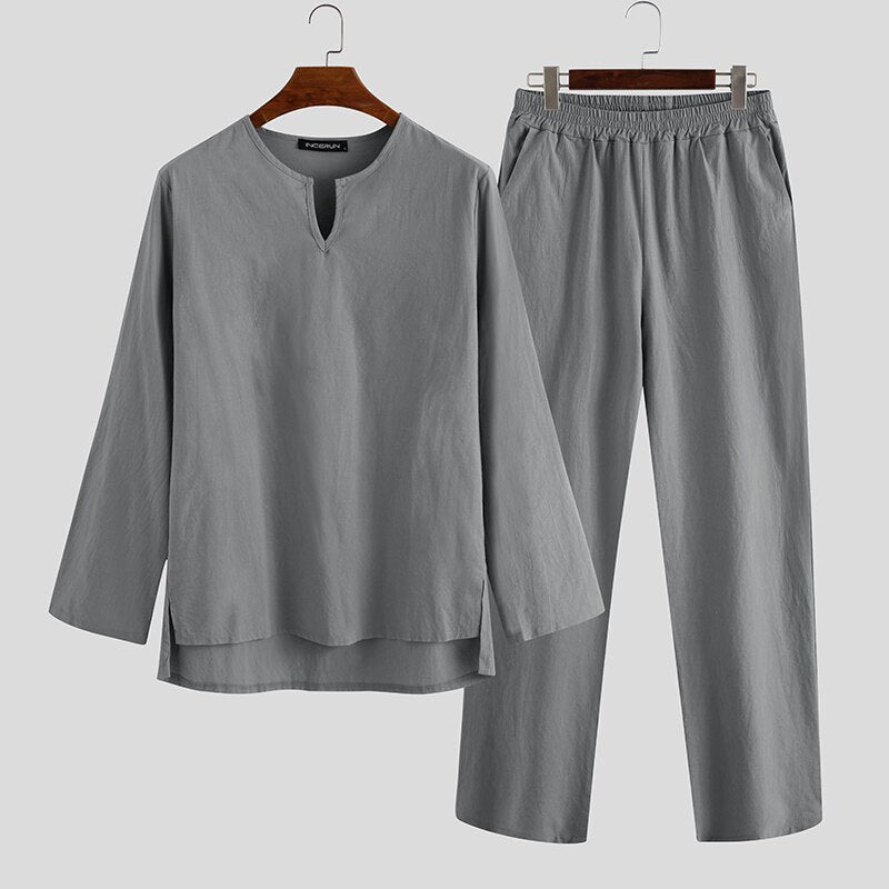 INCERUN Vintage Men Sets Homewear V Neck Long Sleeve Tops & Pants Streetwear Chinese Style Cotton Loose Men Suit Casual 2 Pieces