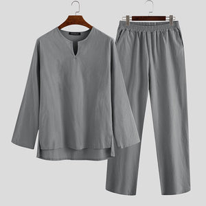 INCERUN Vintage Men Sets Homewear V Neck Long Sleeve Tops & Pants Streetwear Chinese Style Cotton Loose Men Suit Casual 2 Pieces