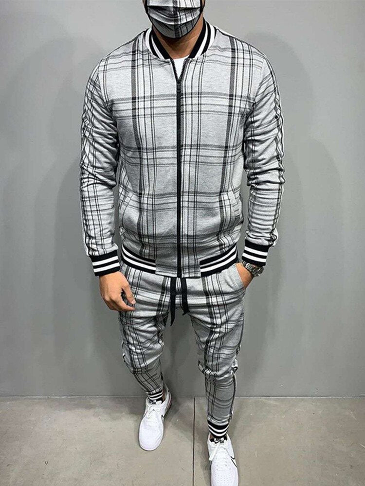 New Colorful Plaid Men Casual Zipper Set Autumn Tracksuit Set Male Sweatshirt Pocket Fashion Jackets Men Tracksuit Sets Mens set