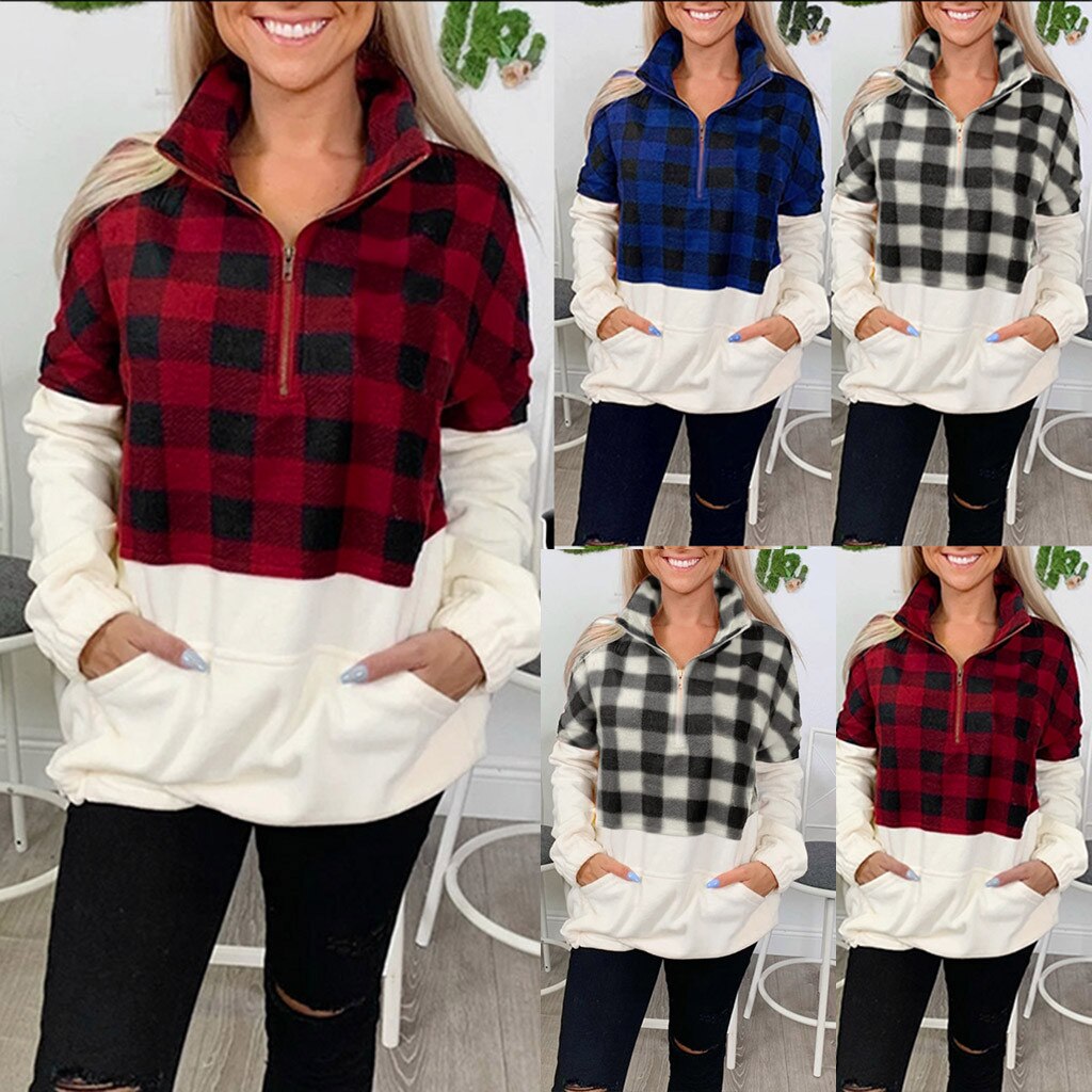 Hot Sale Sweater Women Casual Patchwork Color Block Lattice Pattern Pocket In Front Pullover Tops Winter chandail femme hiver
