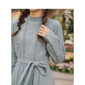 INMAN Spring Autumn Retro Lace Stand up Collar Jacquard Cotton Defined Waist A-line Solid Romantic Women Dress