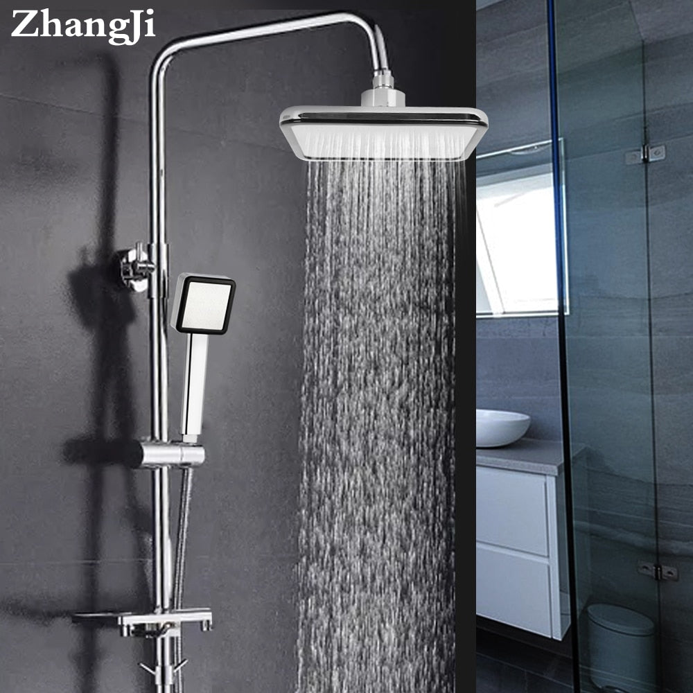 ZhangJi Square 8'' Stainless Steel Panel Top Rainfall Spray Shower Head High Pressure Water Saving Nozzle Handhold ABS Chrome