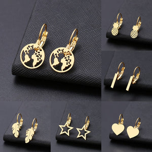 Fashion Earring World Map/Pineapple/Love Heart/Star Small Geometric Gift For Women Party Alentine's Day Stainless Steel Jewelry