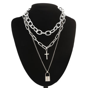 Double layer Lock Chain necklace grunge punk 90s link chain silver color padlock pendant necklace women aesthetic egirl jewelry