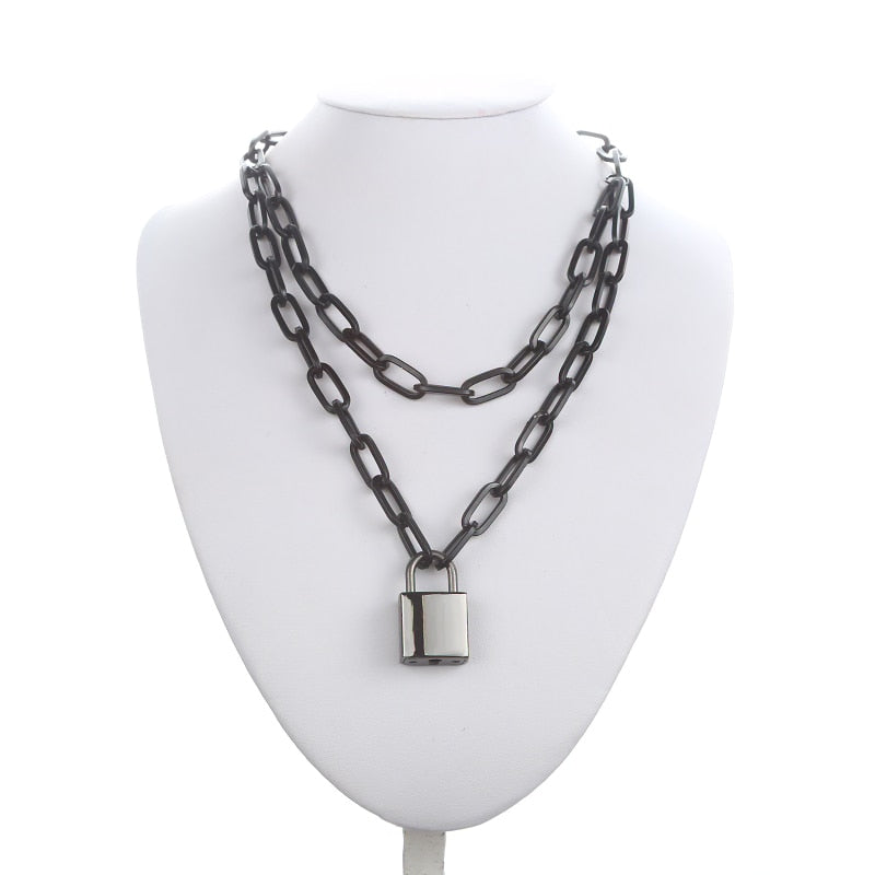 Double layer Lock Chain necklace grunge punk 90s link chain silver color padlock pendant necklace women aesthetic egirl jewelry