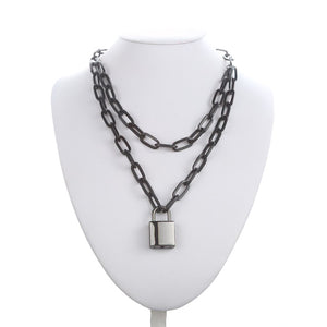 Double layer Lock Chain necklace grunge punk 90s link chain silver color padlock pendant necklace women aesthetic egirl jewelry