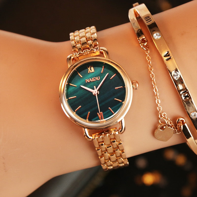 Emerald Printed Women Dress Watch Women's Top Fashion Luxury Brand Crystal Quartz Watches Ladies Gold Stainless Steel Clock
