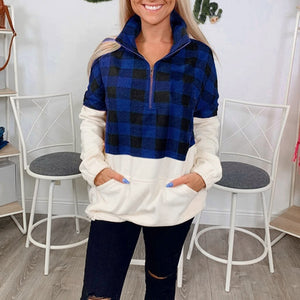 Hot Sale Sweater Women Casual Patchwork Color Block Lattice Pattern Pocket In Front Pullover Tops Winter chandail femme hiver