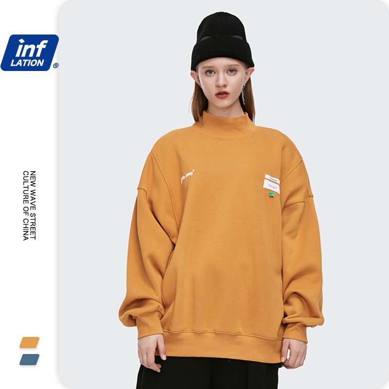 INFLATION Men Thick Fleece Sweatshir Streetwear толстовка 2020 Winter Letter Printing High Collar Loose Sweatshirt Men 1345W