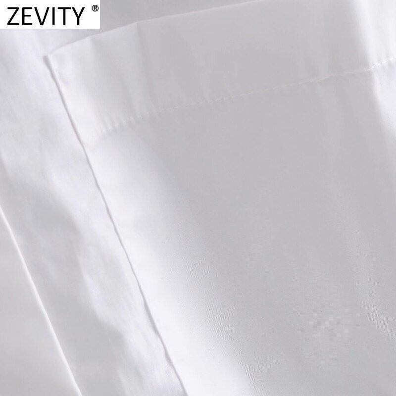 Zevity New Women Simply Pocket Patch Casual Long Blouse Ladies Long Sleeve Business Shirt Chic Femme Breasted Blusas Tops LS7346