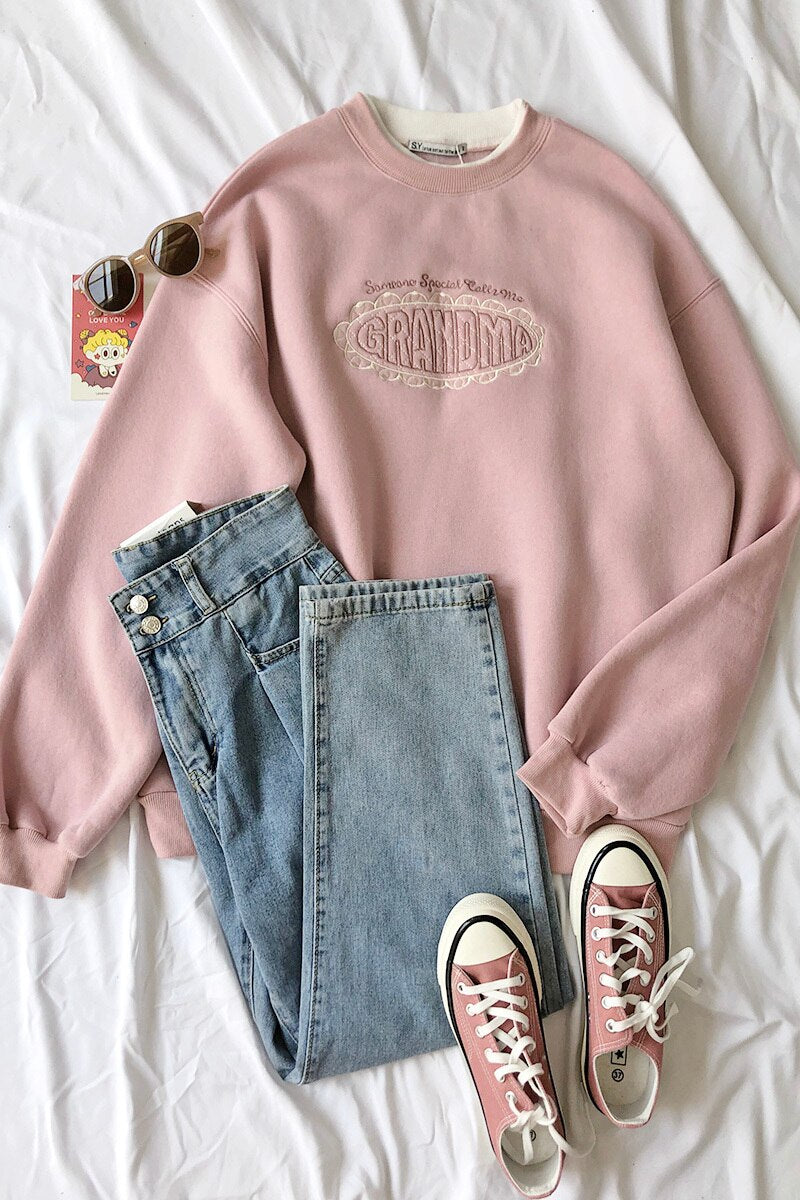 Mooirue Spring Women Pink Sweatshirt Letter Embroidery Thickening 2 In 1 Pullovers Tops