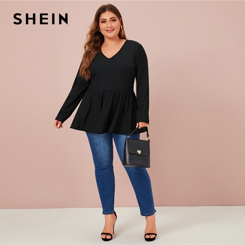 SHEIN Plus Size V Neck Peplum Tee Solid Top Women Spring Autumn Long Sleeve Oversized Stretchy Casual T-shirts