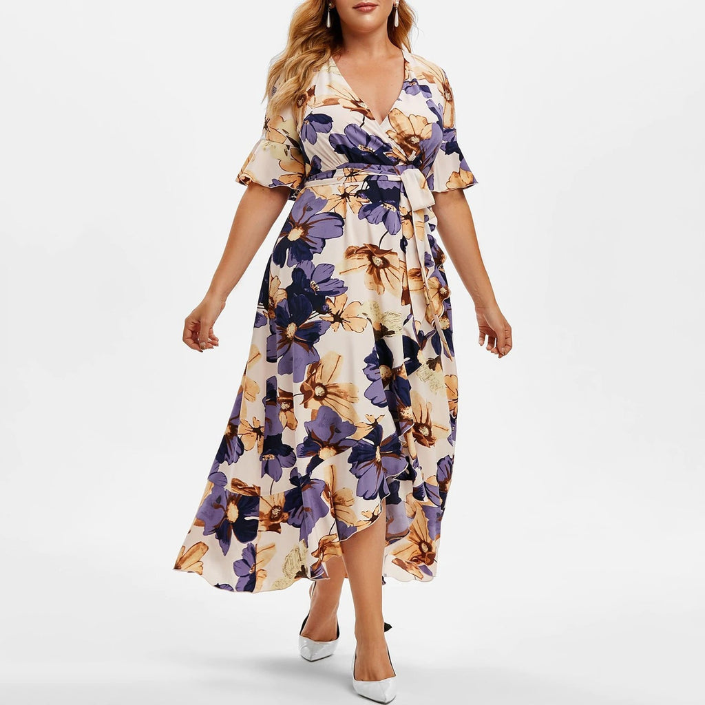 2021 Fashion Summer Beach Dress Women V Neck Short Sleeve Floral Print Ruffles Boho Dress Plus Size Maxi Long Dresses