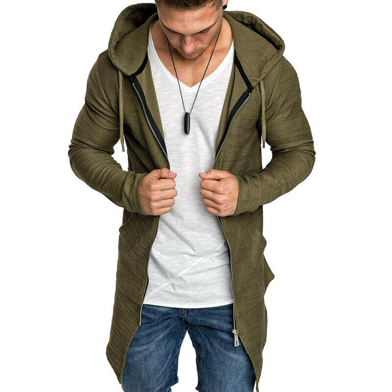 Mens Casual Hoodie Hooded Longline Zip Sweatshirt Sweater Jacket Outwear Coat XL