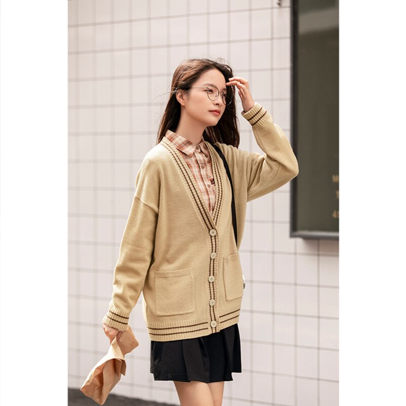 INMAN 2020 Autumn Winter New Arrival Deep V-stripe Rib Pocket Long Sleeve Knit literature Cardigan Sweater