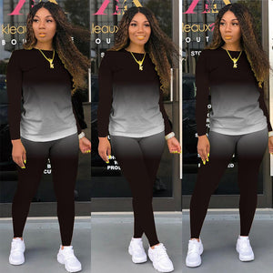 Wjustforu deux pièces ensemble femmes mode dégradé imprimé moulante survêtement à manches longues haut + motard Joggers pantalon tenues femme
