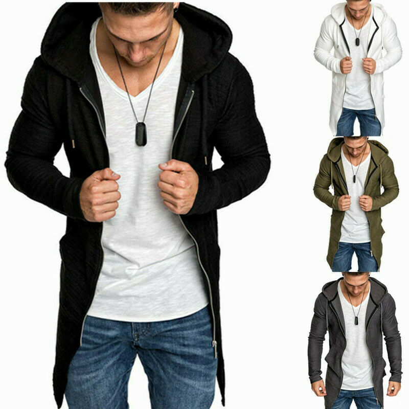 Mens Casual Hoodie Hooded Longline Zip Sweatshirt Sweater Jacket Outwear Coat XL