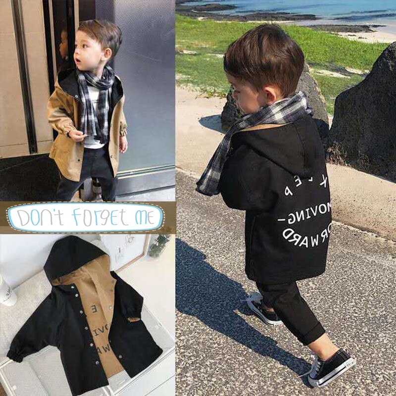 Bébé garçon vêtements garçon printemps et automne double face lettre impression mi-longue coupe-vent garçon bébé à capuche coton veste