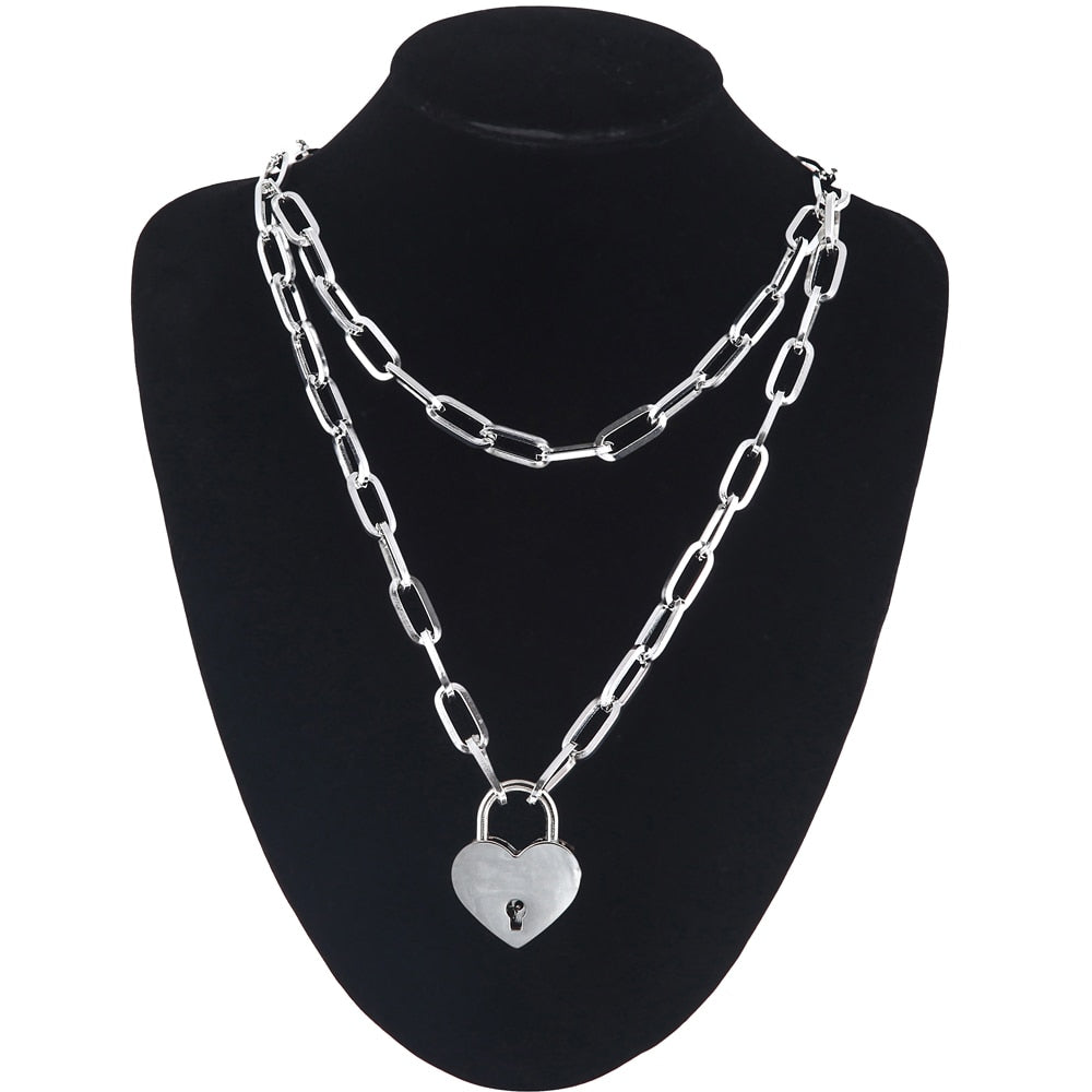 Double layer Lock Chain necklace grunge punk 90s link chain silver color padlock pendant necklace women aesthetic egirl jewelry