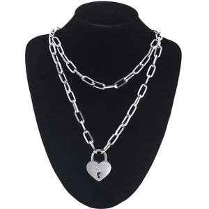 Double layer Lock Chain necklace grunge punk 90s link chain silver color padlock pendant necklace women aesthetic egirl jewelry