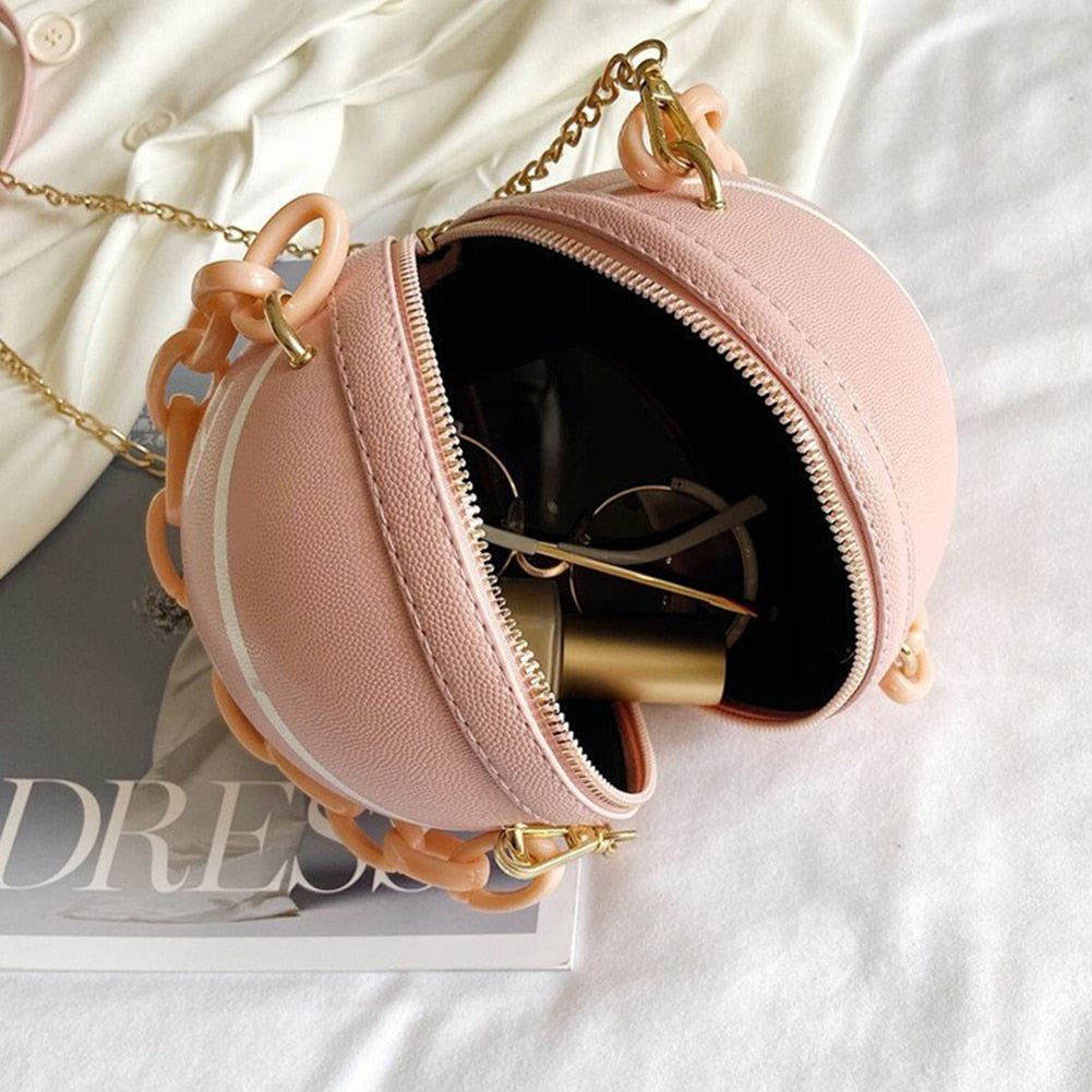 Fashion Basketball Round Shaped Shoulder Bags for Women Acrylic Chain Casual Small Totes PU Leather Messenger Crossbody Handbags