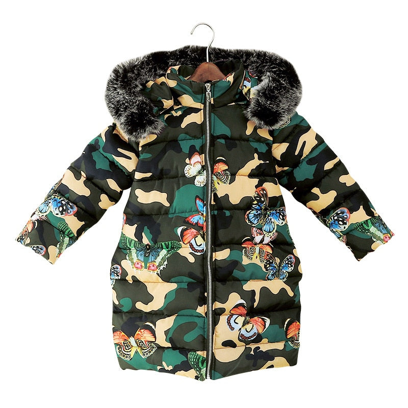 Veste en coton pour filles 3-11 ans vestes en coton pour enfants imprimé dessin animé papillon camouflage filles vestes d'hiver