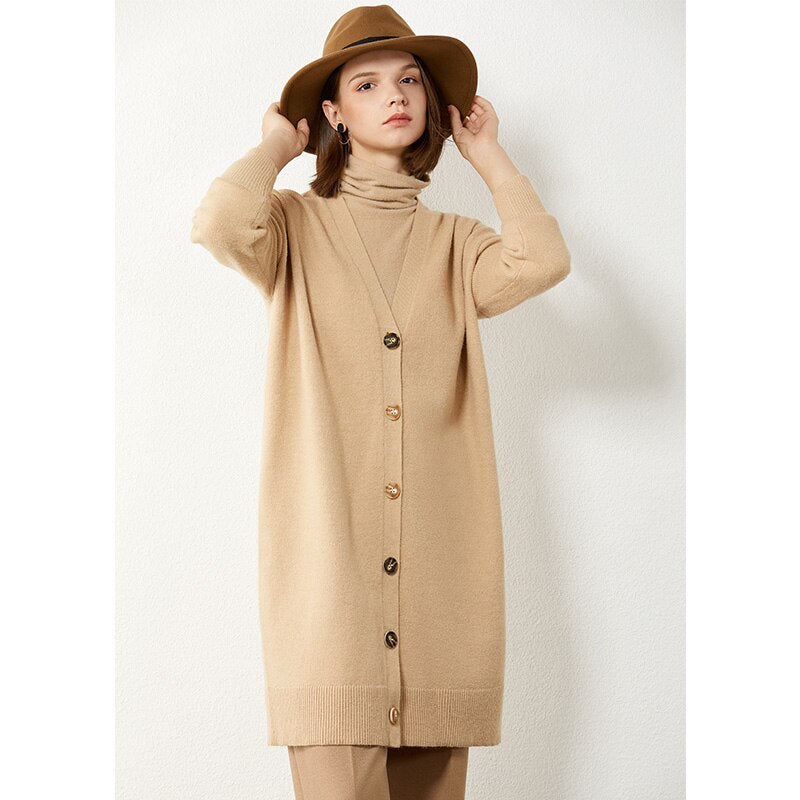 AMII Minimalism Autumn Winter Women Cardigan Fashion Solid Vneck Loose Knitted Women's Overcoat Female Coat Tops 12040478