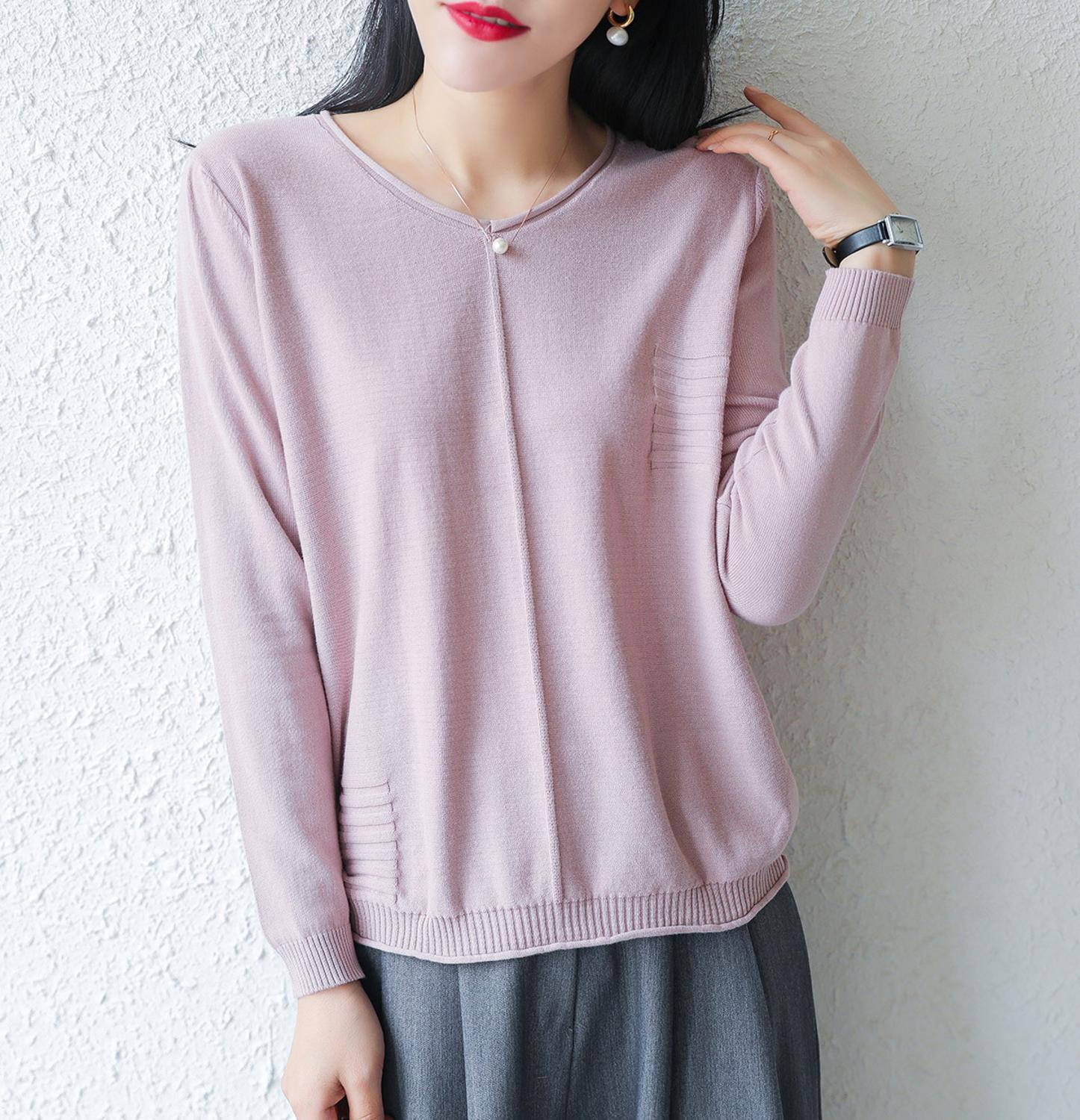 LITVRIYH New Women Sweater 100% Cotton Knitted Sweater Women Pullover V-Neck Long Sleeve Female Pullover Pull Femme Jumper Tops