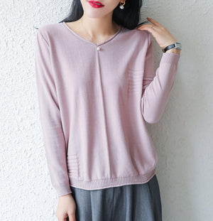 LITVRIYH New Women Sweater 100% Cotton Knitted Sweater Women Pullover V-Neck Long Sleeve Female Pullover Pull Femme Jumper Tops