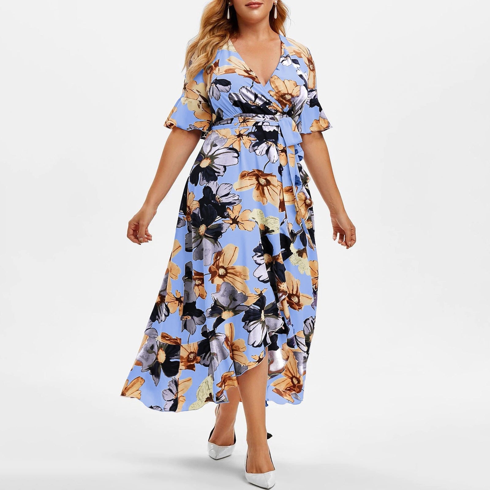 2021 Fashion Summer Beach Dress Women V Neck Short Sleeve Floral Print Ruffles Boho Dress Plus Size Maxi Long Dresses