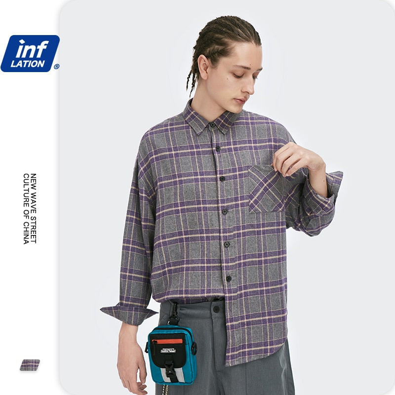 INFLATION Harajuku Plaid Shirt Men рубашка 2020 Autumn Loose Casual Long Sleeve Shirt Men Cotton Hip Hop Checked Shirt Male2080W