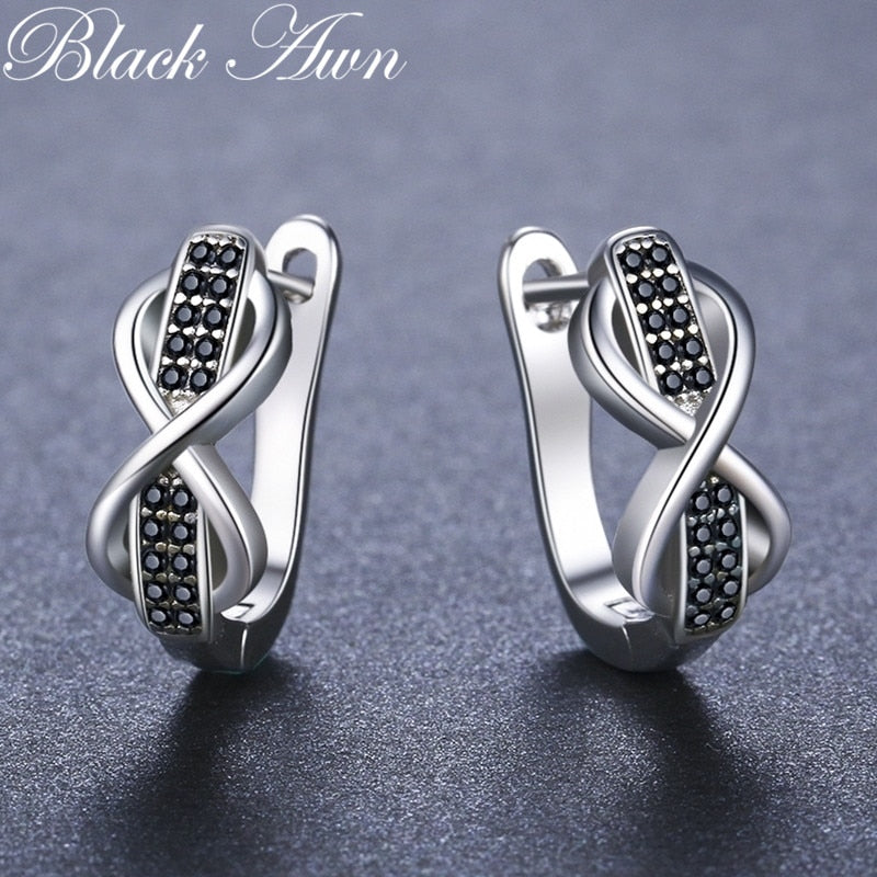 2020 Black Awn 925 Sterling Silver Round Black Trendy Spinel Engagement Bow Hoop Earrings for Women Fine Jewelry Bijoux I157