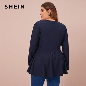 SHEIN Plus Size V Neck Peplum Tee Solid Top Women Spring Autumn Long Sleeve Oversized Stretchy Casual T-shirts