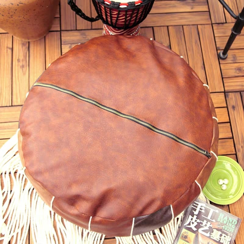 Moroccan PU Leather Pouf Embroider Craft Hassock Ottoman Footstool Round  Large 50*50*25cm  Artificial Leather Unstuffed Cushion