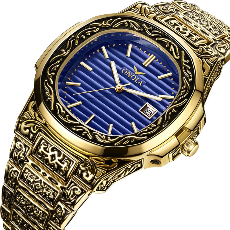 Mode montre à quartz hommes marque ONOLA luxe rétro or acier inoxydable montre hommes or hommes montre reloj hombre