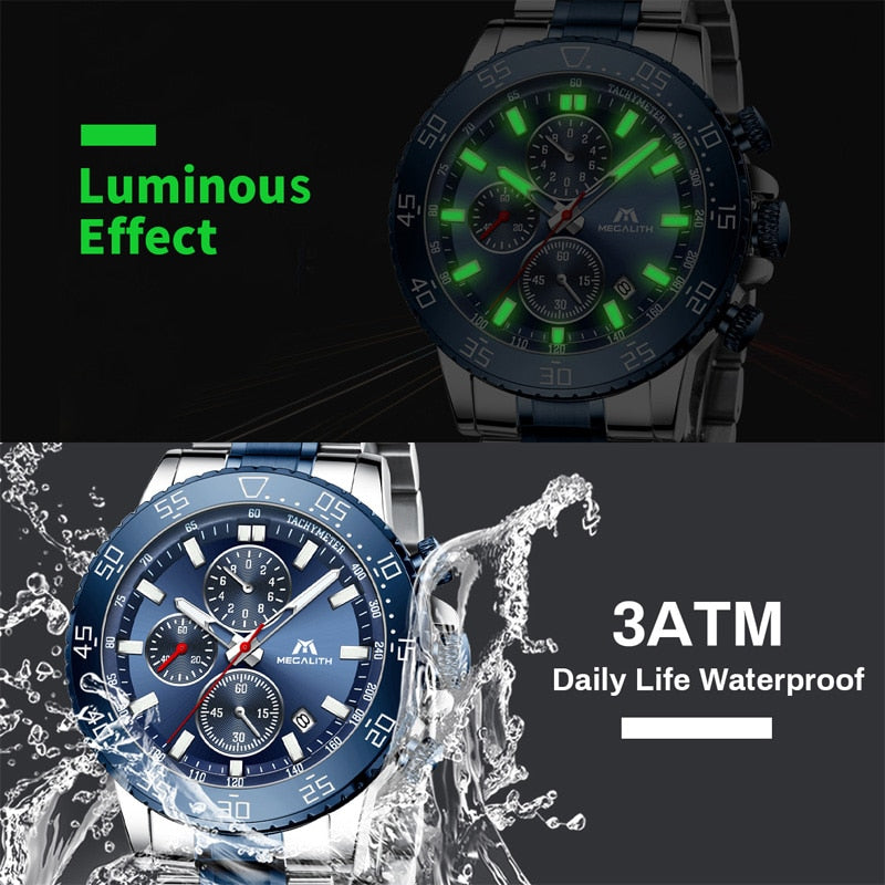 MEGALITH Watches Mens Waterproof Analogue Clock Stainless Steel Waterproof Luminous Watch Men Sports Relogio Masculino With Box