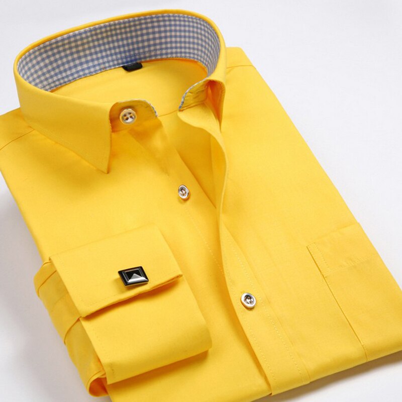 French Mens Tuxedo Shirts With Cufflink Yellow Slim Fit Plus Size Luxury Wedding Business Stylish High Quality