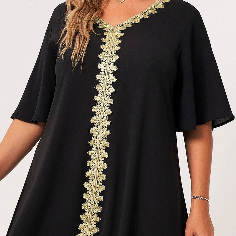 2021 New Summer Maxi Dress Women Black Loose Embroidery Selvedge Hemmed V-neck Ruffle Half Sleeve Elegant Vintage Party Robes