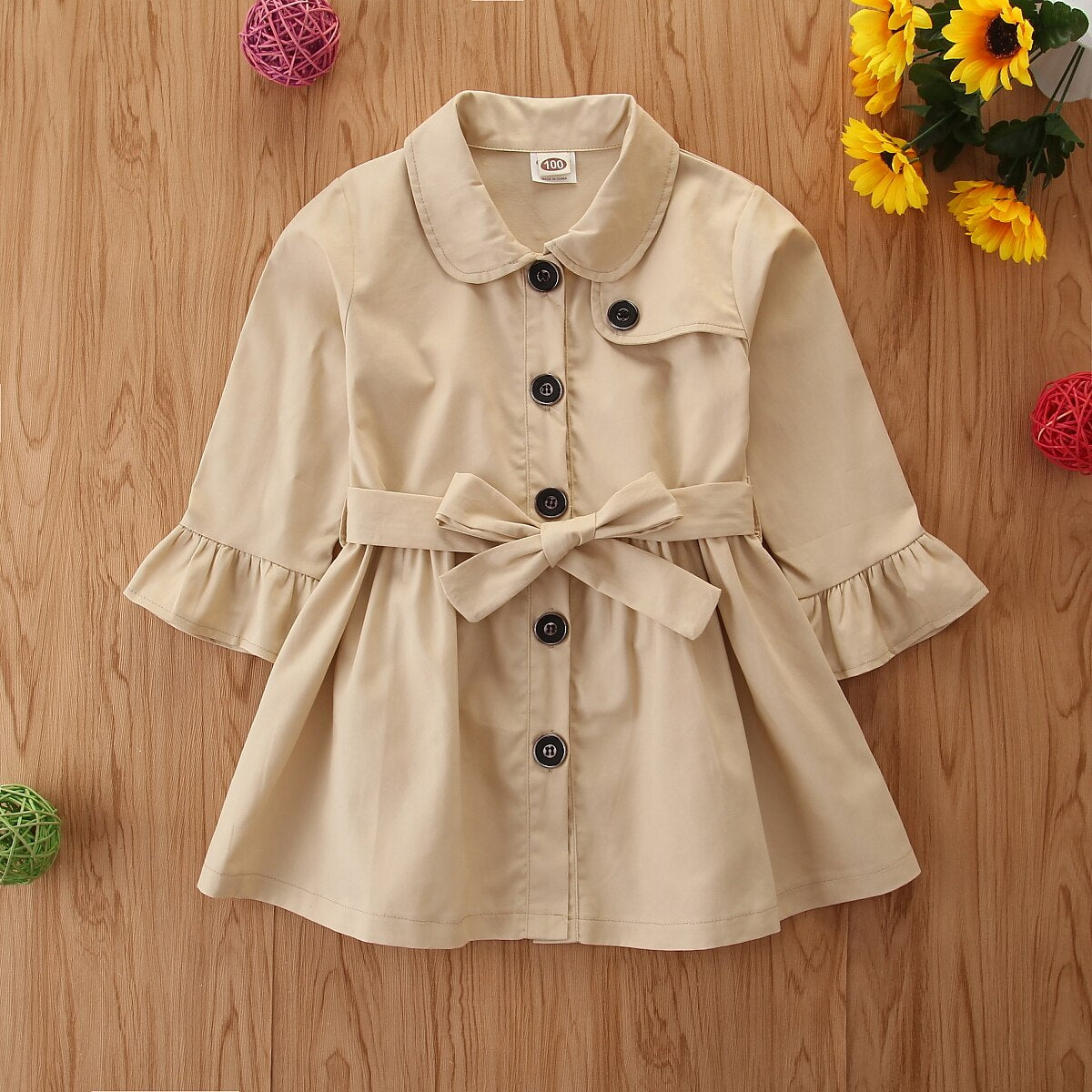 FOCUSNORM 2-7Y Infantile Bébé fille de Couleur Pleine Tranchée Manteau Mode Britannique Style Simple boutonnage Revers Bandage à manches longues Manteau