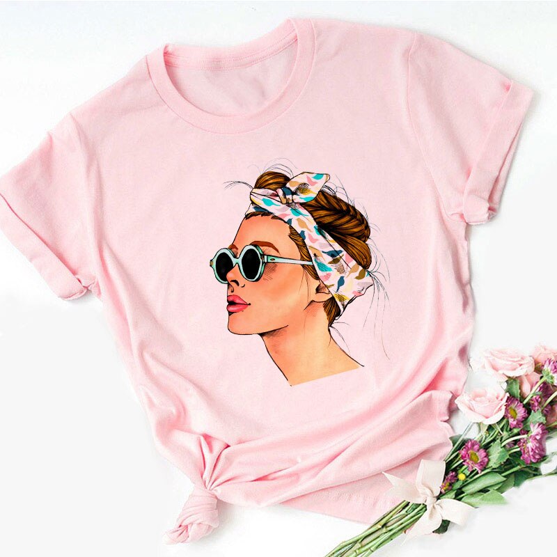 2021 Vogue Cool Spring Summer Girls Print Women Blouses Pink Summer Casual Harajuku O-Neck Shein Femme Tops Shirt Plus Size