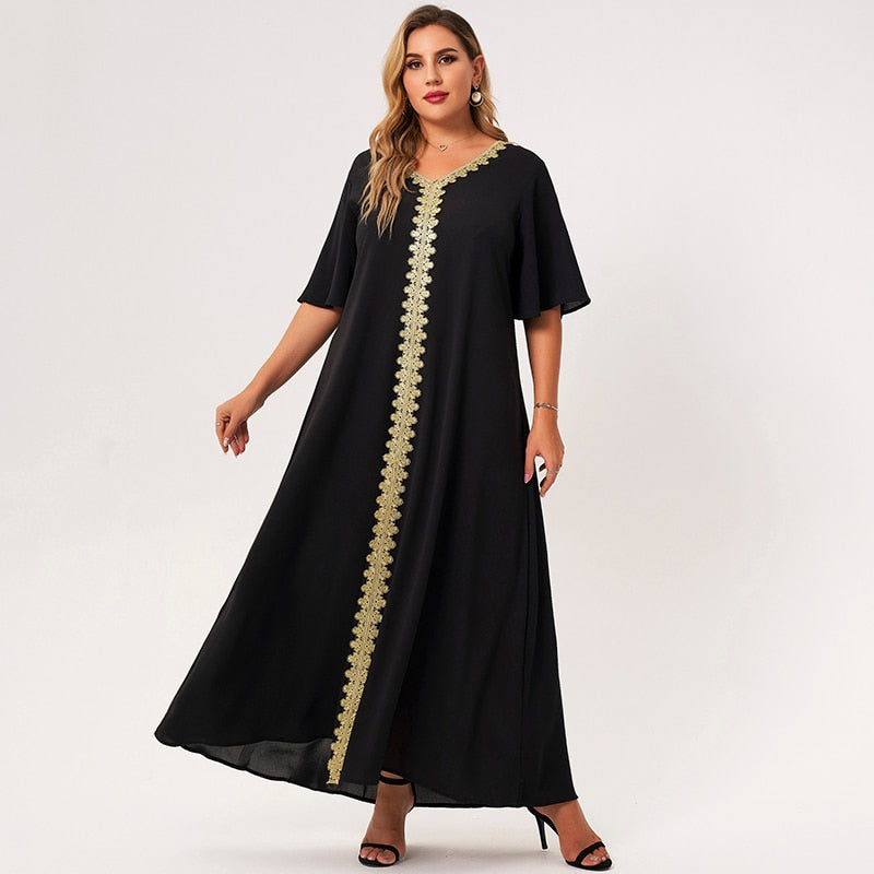 2021 New Summer Maxi Dress Women Black Loose Embroidery Selvedge Hemmed V-neck Ruffle Half Sleeve Elegant Vintage Party Robes