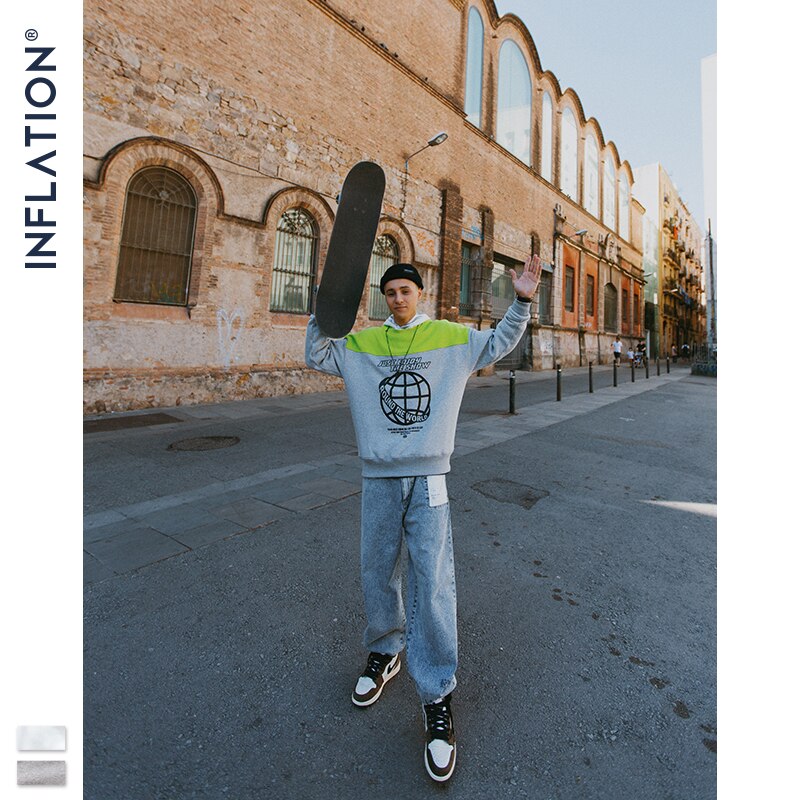 INFLATION 2020 FW Men Sweatshirt Fashion Hip Hop Male Sweatshirt With Earth Print Oversized Thick Fleece Couple Sweatshirt 9639W